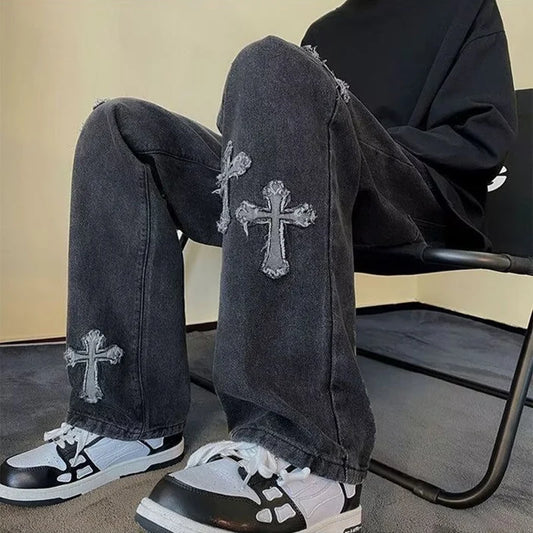 Cross Embroidery Black Vintage Men's Straight Jeans